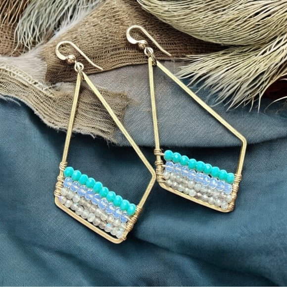 Genuine Labradorite Opalite Geometric Earrings - Picture 4 of 4